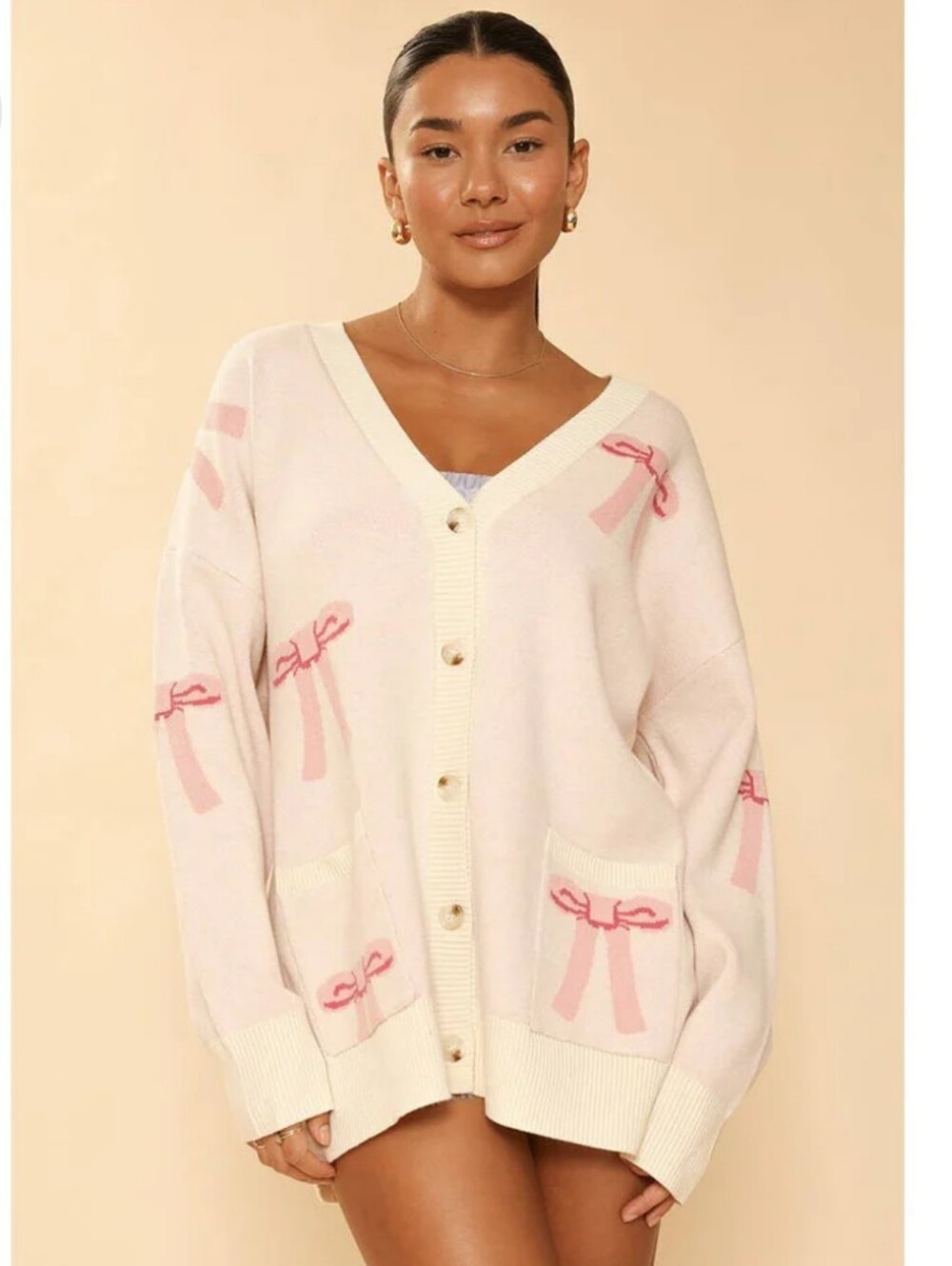 Miss Sparkling All Over Coquette Bow Knit Cardigan in Pink Medium